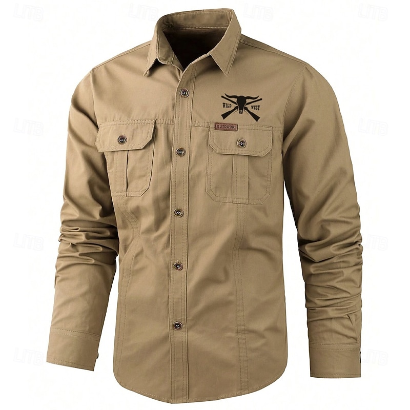 Men's Cow Print Work Shirt Western Shirt Cargo Shirt Long Sleeve Casual Tactical Sports & Outdoor Going out Winter Spring &  Fall Turndown Print Black Army Green Khaki Beige