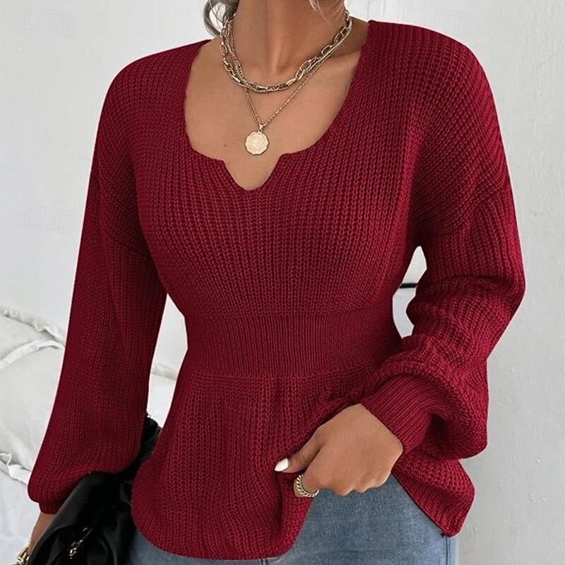 Women's Sweater Casual Solid Color V Neck V Neck Long Sleeve Regular Tops Knit Outdoor Daily Weekend Black Red Fall Winter4