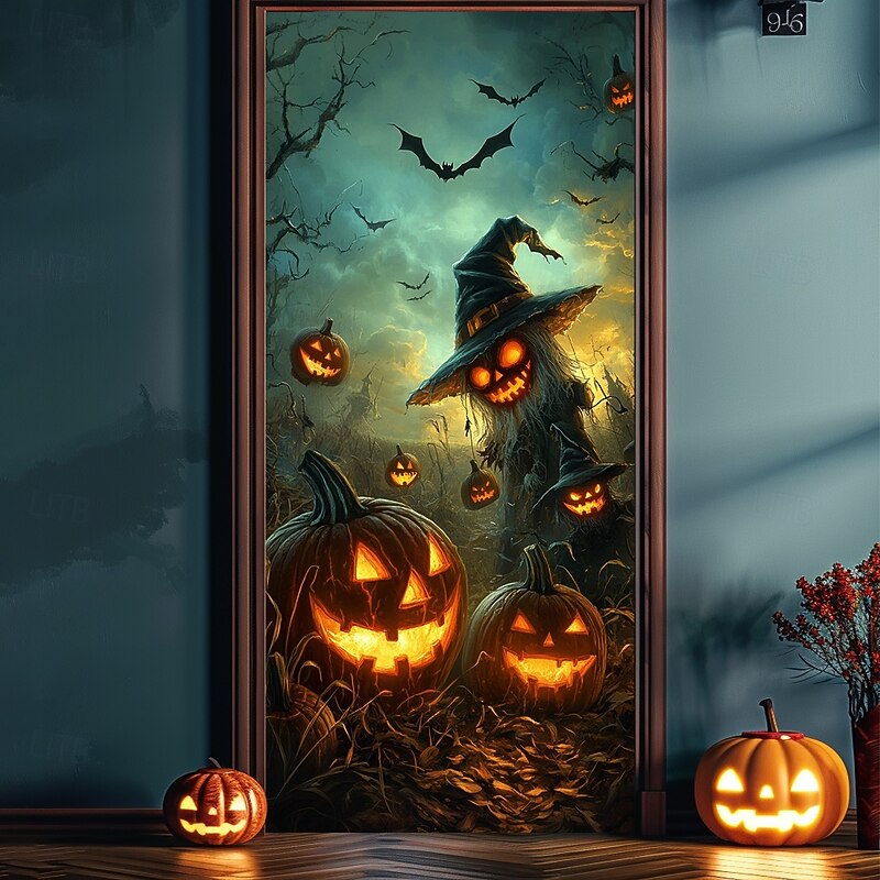Halloween Door Decorations Door Covers Jack O Lantern Pumpkin Door Curtain Door Tapestry Decoration Backdrop Door Banner for Front Door Farmhouse Holiday Party Indoor Outdoor Decor Supplies3