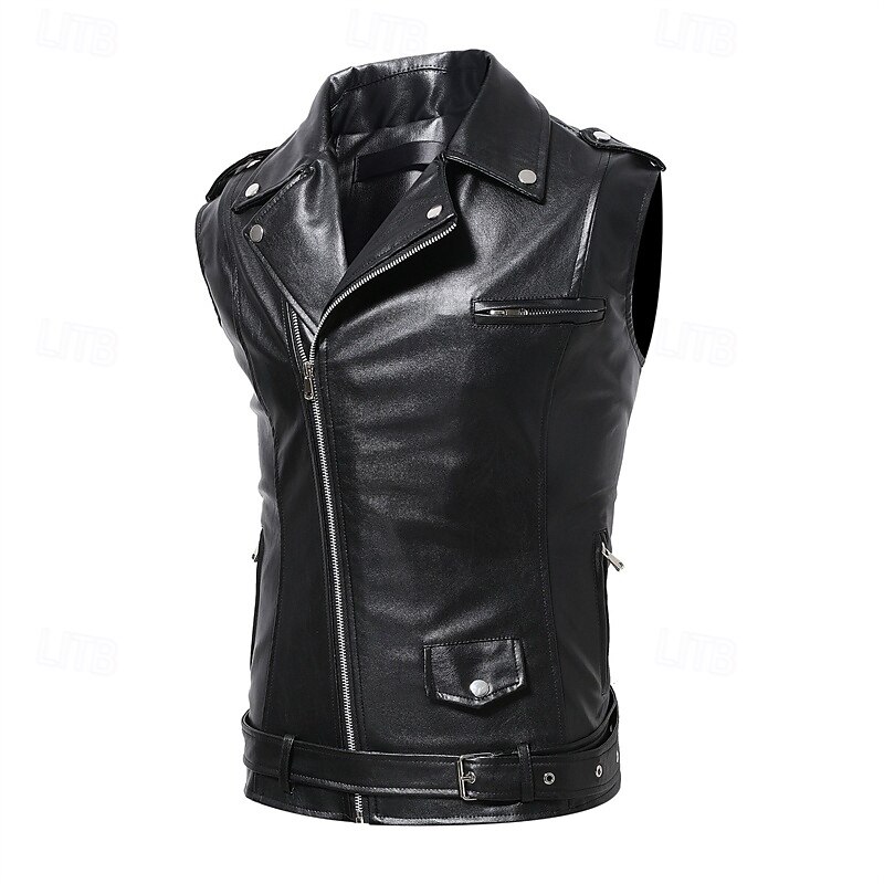 Men's Vest Gilet Leather Vest Daily Date Vacation Fashion Casual Spring &  Fall Button Pocket Polyester Comfortable Plain Zipper Lapel Regular Fit Black Vest2