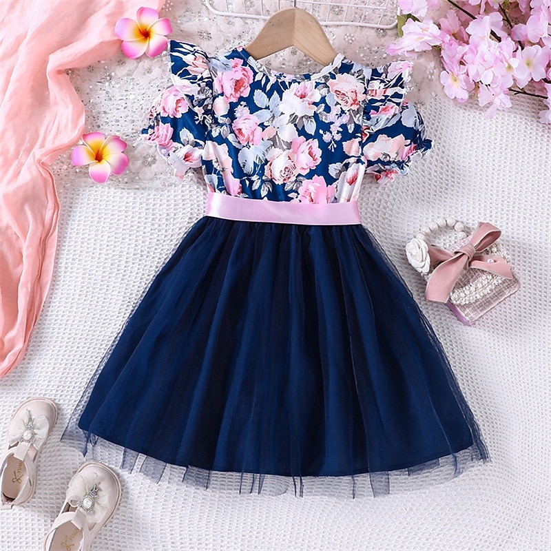 Easter Girls' 3D Floral Dress Short Sleeve Summer Vacation Daily Holiday Princess Beautiful Sweet Little Kids(4-7ys) 4-7 Years Casual Dress A Line Dress Tulle Dress Knee-length Regular Fit2