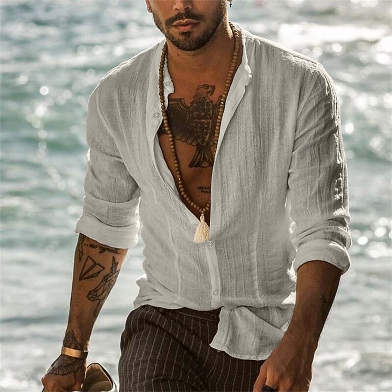 Men's Band Collar Shirt Summer Shirt Beach Wear Button Up Shirt Solid Color Vacation Curise Black White Gray Light Blue Long Sleeve Henley Spring &  Fall Clothing Apparel Button-Down4