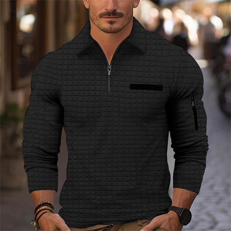 Men's Waffle Polo Shirt Quarter Zip Polo Daily Holiday Quarter Zip Long Sleeve Fashion Modern Plain Spring &  Fall Regular Fit Black White Navy Blue Orange Dark Gray Gray Waffle Polo Shirt2