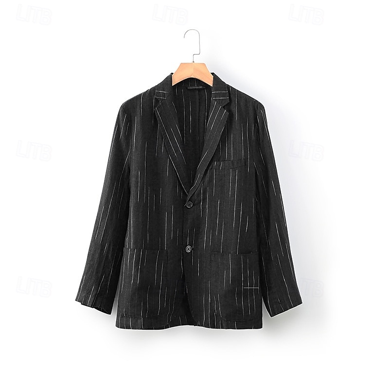 Men's 100% Linen Blazer Lightweight Jacket Outdoor Casual Without Lining Classic & Timeless Chic & Modern Spring &  Fall Linen Vertical Stripes Artistic Style Classic Style Blazer Black Navy Blue3