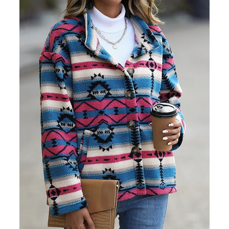 Women's Winter Coat Athleisure Holiday Daily Wear Fall Winter Regular Coat Stand Collar Regular Fit Stylish Casual Jacket Long Sleeve Geometric Slim Fit Blue 6