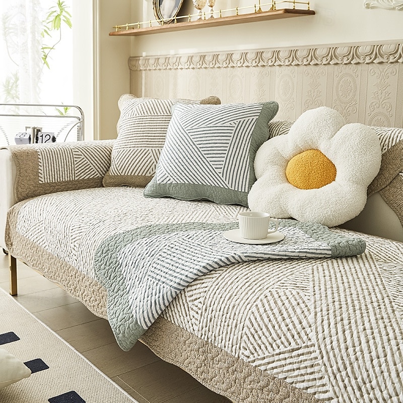 Cotton Quilted Sofa Cover Boho Geometric Pattern Sectional Couch Covers Non Slip Sofa Slipcover Furniture Protector for Dogs Pet