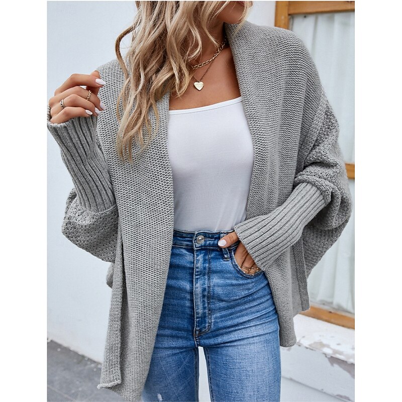 Women's Sweater Jacket Casual Soft Pure Color Shirt Collar Patchwork Long Sleeve Regular Tops Knit Outdoor Daily Weekend Gray Fall Winter3
