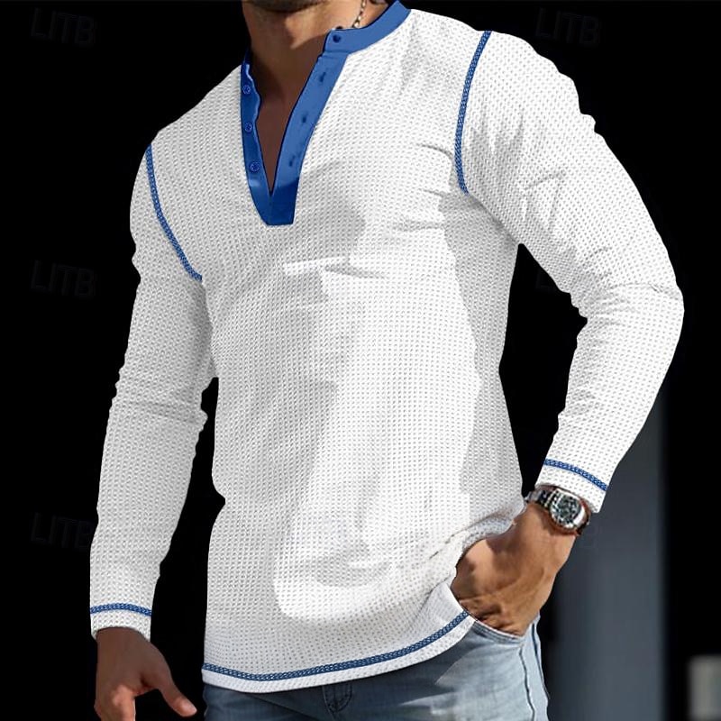Men's T shirt Tee Henley Shirt Waffle Knit Tee Tee Top Long Sleeve Shirt Color Block Henley Street Vacation Long Sleeve Patchwork Clothing Apparel Polyester Fashion Designer Basic