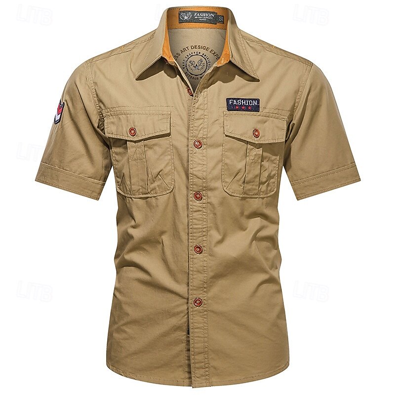 Men's Shirt Workwear Shirts Casual Shirt Work Shirt Button Up Shirt Cargo Shirt khaki Army Green Dark Blue Short Sleeve Plain Lapel Vacation Hawaiian Front Pocket Clothing Apparel 100% Cotton Fashion2