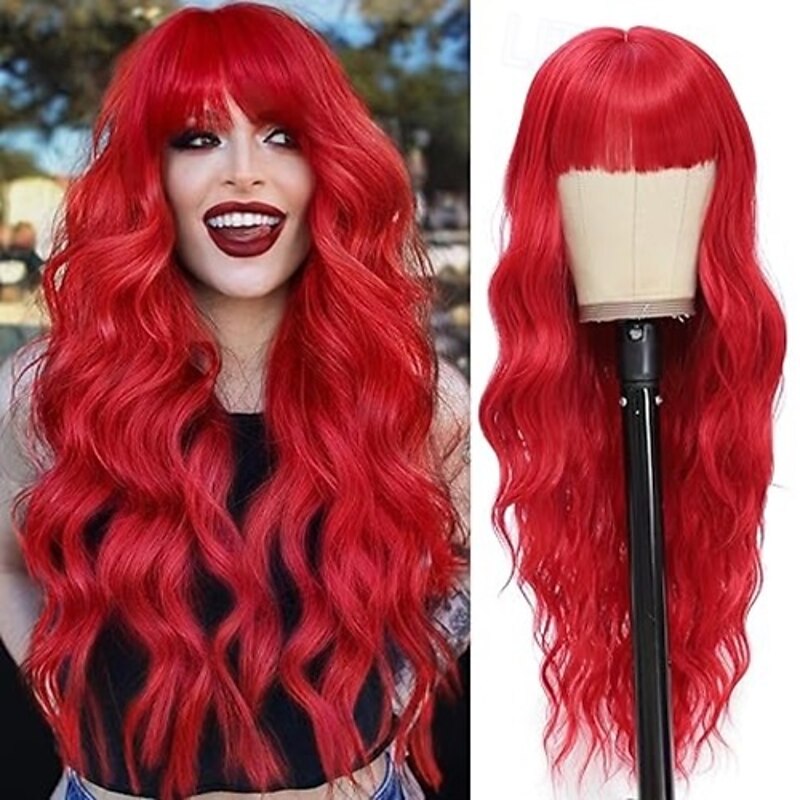 Long Wigs with Bangs for Women Curly Wavy Hair Wigs Heat Resistant Synthetic Fiber Wigs for Daily Party Use4
