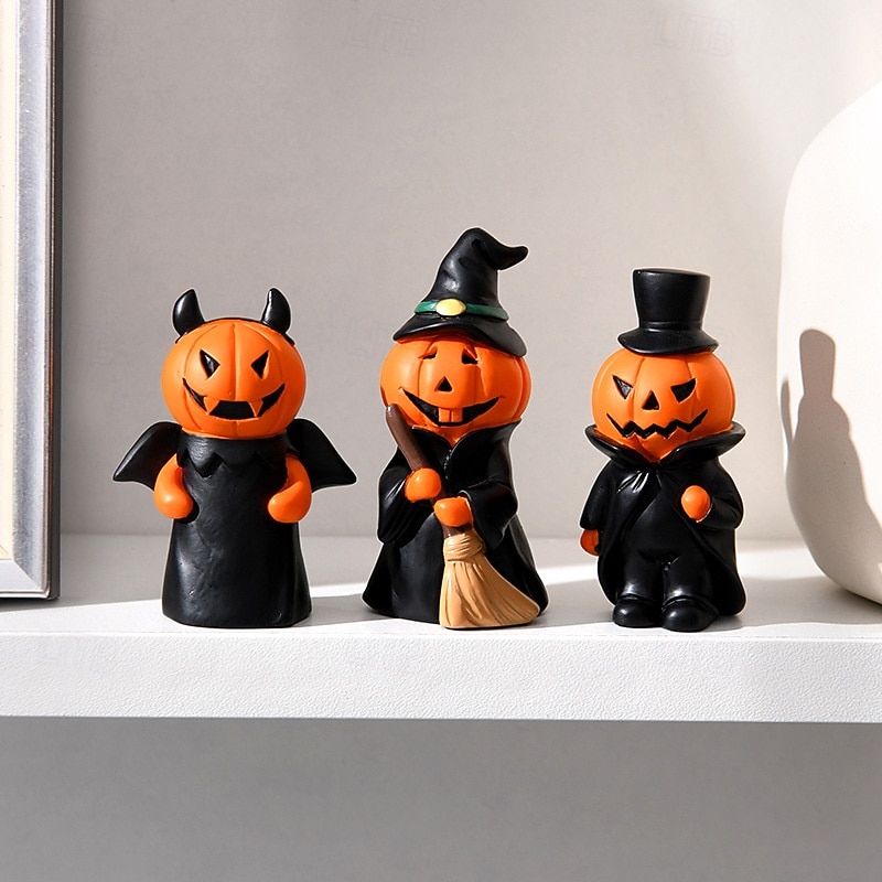 3pcs/set Halloween Pumpkin Ghost Figurine - Resin Car Dashboard Decoration, Spooky Desktop Ornament for Halloween Party & Home Decor