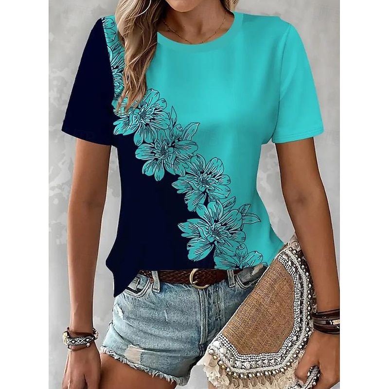 Women's T Shirt Casual Print Short Sleeve Regular Tops Daily Black Pink Blue Sky Blue Summer