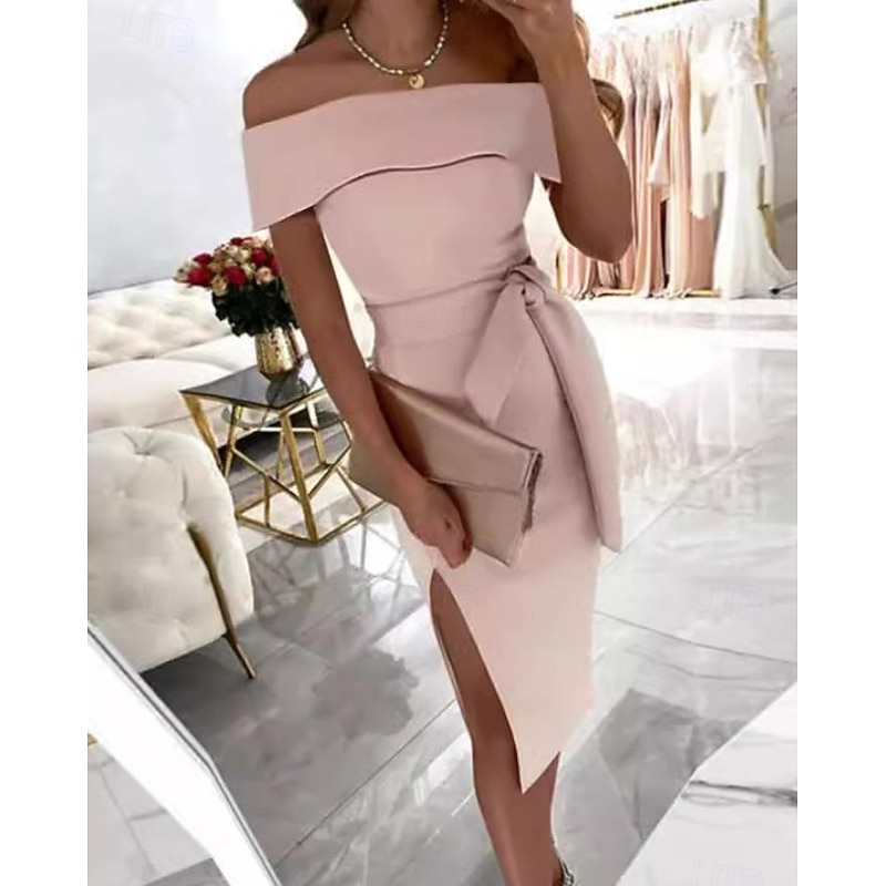 Women's Midi Dress Black Dress Graduation Dress Cocktail Dress Formal Dress Casual Street Date Regular Fit Plain Short Sleeve Off Shoulder Black Pink Red Summer Spring4