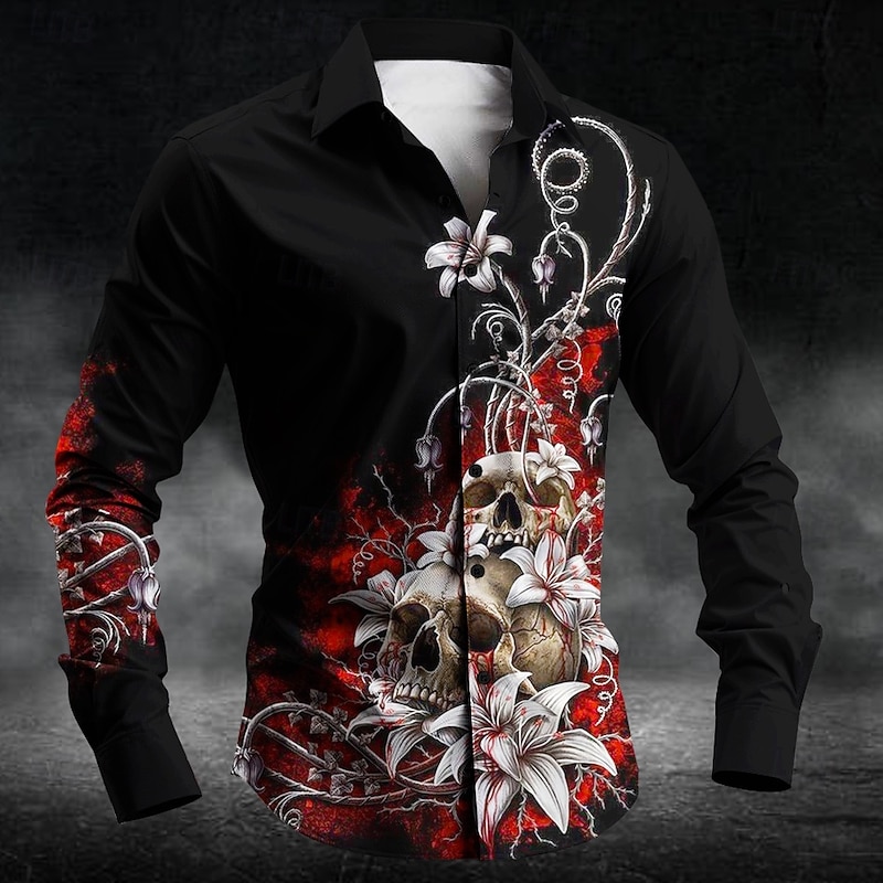 Men's Floral Halloween Costumes Day of the Dead Dress Shirt Button Up Shirt Long Sleeve Casual Business Casual Party Evening Wear Business Daily Fall Winter Spring & Summer Shirt Collar Button Up 3D