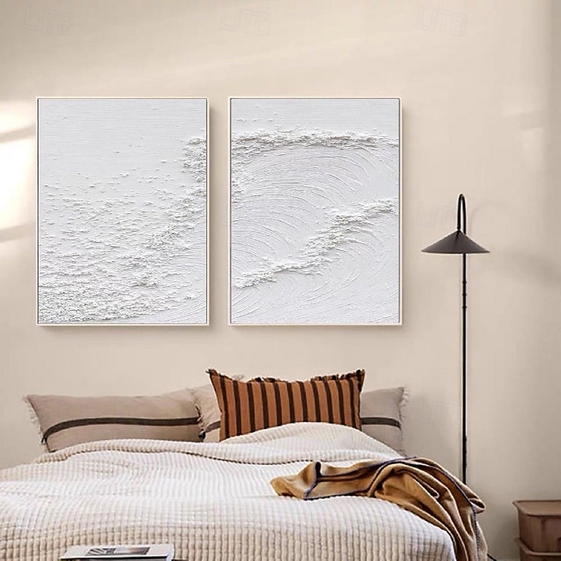 Handmade 3d white wave oil painting Wabi sabi oil painting handmade Wall Art Beige Abstract Painting Canvas A Pair Beige Texture wave painting Wall Art Neutral Abstract Wall Art Wall Decor4