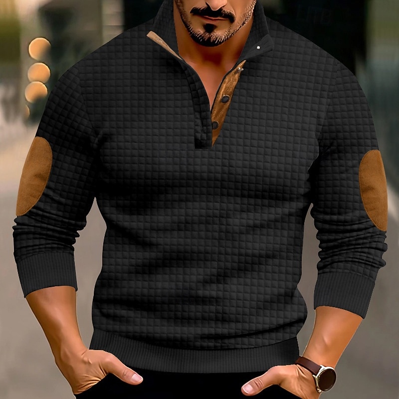 Men's Sweatshirt Waffle Sweatshirt Black White Army Green Khaki Dark Gray Standing Collar Color Block Patchwork Ribbed Textured Sports & Outdoor Daily Holiday Streetwear Basic Casual Spring &  Fall4