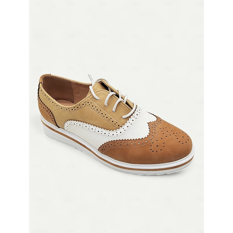 Women's Pink and Beige Brogue Oxford Sneakers, Lace-Up Casual Shoes with Wingtip Detailing for Everyday Wear 9