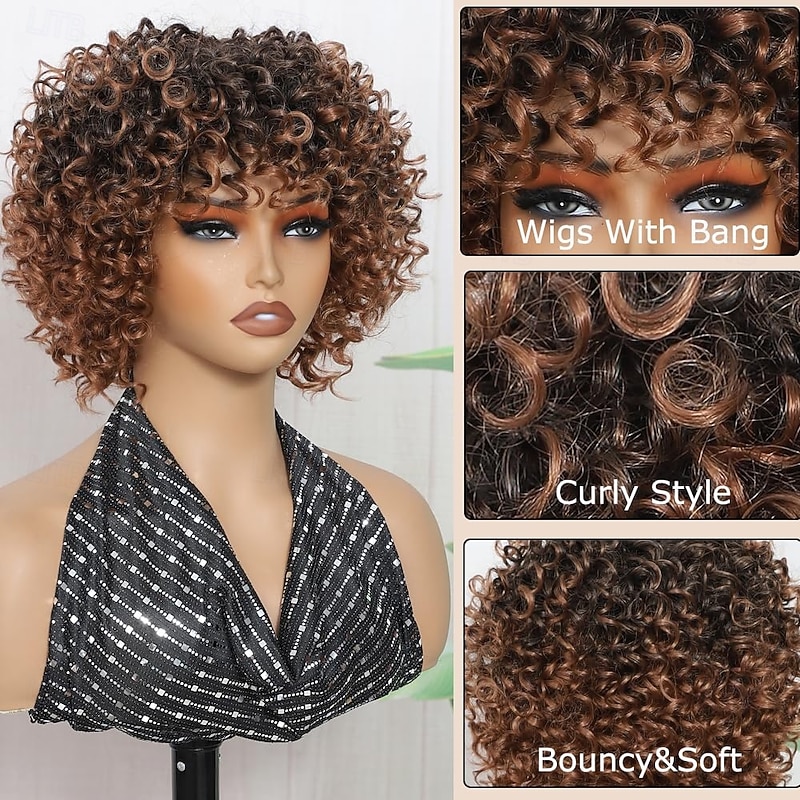 Short Kinky Curly Wigs With Bangs for Black Women Wigs Synthetic Curly Wig High Temperature Fiber Short Curly Afro Wig