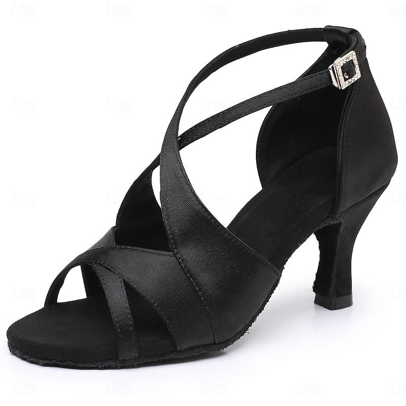 Women's Black Satin Cross-Strap Ballroom Dance Shoes with Open Toe, Perfect Heels for Latin and Salsa Dancing