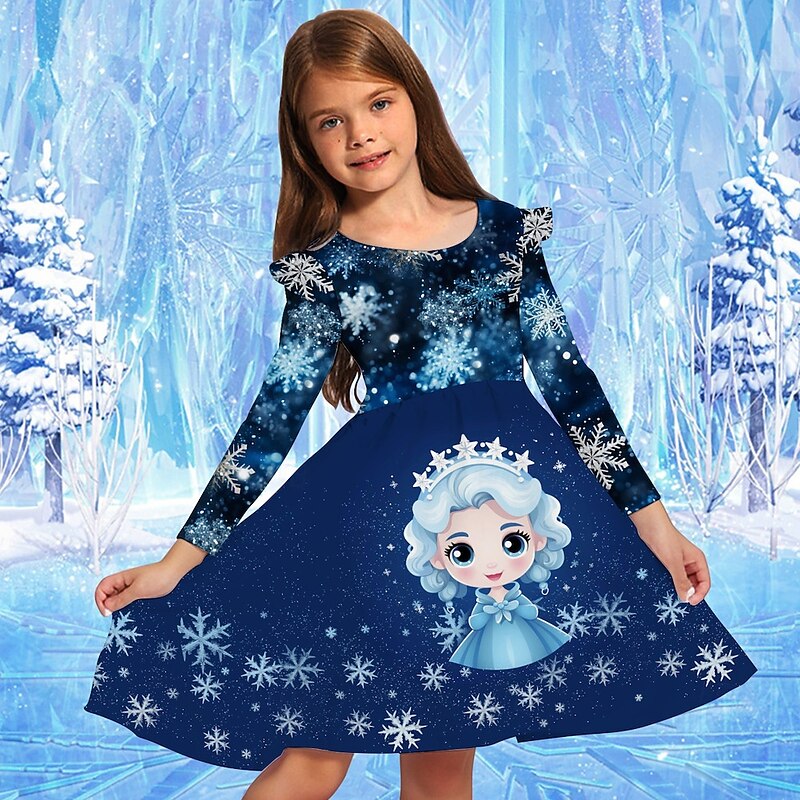 Girls' 3D Graphic Cartoon Snowflake Dress Snowflake Dress Ruffle Dress Long Sleeve Summer Spring Vacation Daily Holiday Beautiful Sweet Kids 4-12 Years Party Dress A Line Dress Knee-length Regular Fit2