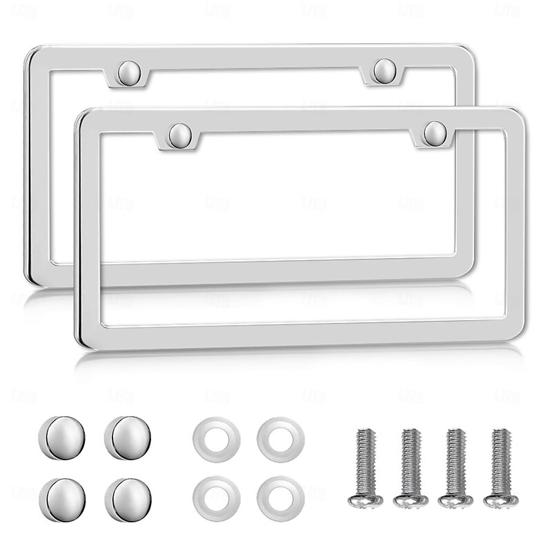 Solid Silver Rust-Proof Car License Plate Frames Universal Stainless Steel Holder with Screws & Caps US Standard 2PCS