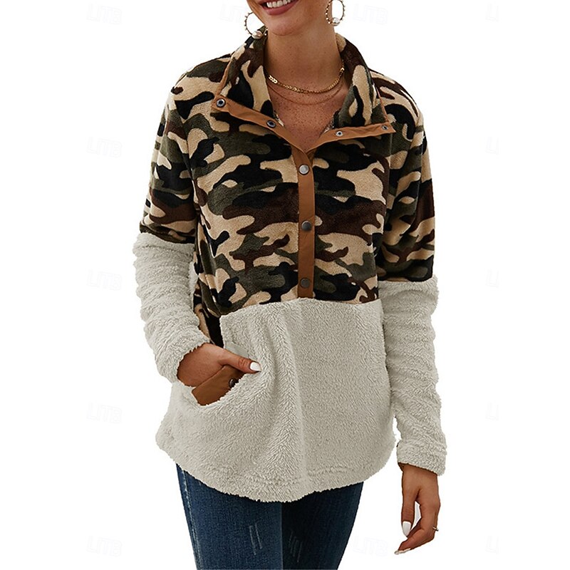 Women's Sweatshirt Casual Camouflage Street Dailywear V Neck Patchwork Buttons Pocket Long Sleeve Beige Gray Fall Winter2