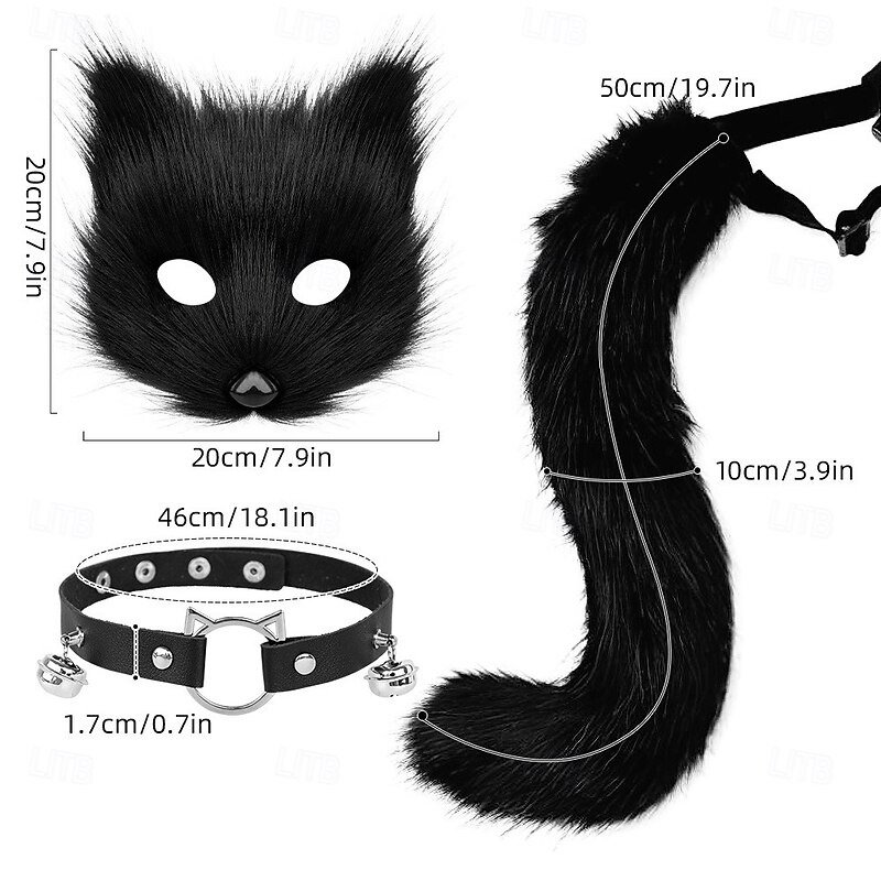 Faux Fur Fox Mask Wolf Cat Fluffy Tail and Leather Necklace Set Carnival Party Cosplay Costume Accessory2