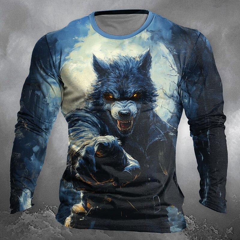 Halloween Men's Werewolf T Shirt Long Sleeve T shirt 3D Print Crew Neck Shirt Designer Retro Vintage Street Casual Daily Blue Summer Spring Fall Clothing Apparel S M L XL XXL XXXL