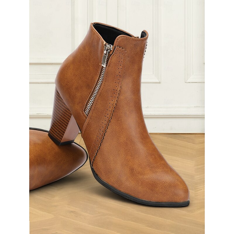 Women's Brown Faux Leather Ankle Boots with Side Zipper and Block Heel - Vintage Style for Casual and Dressy Occasions3