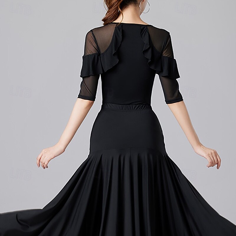 Latin Dance Top Ruffles Pure Color Splicing Women's Performance Training Half Sleeve High Polyester4