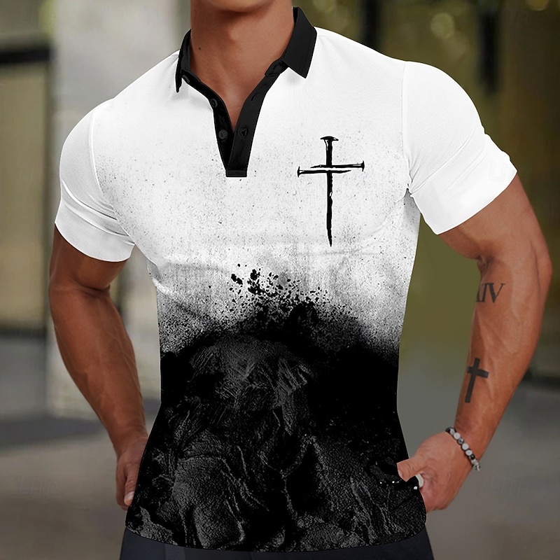 Men's Christian Golf Shirt Short Sleeve Polo Shirts Collared Shirts Vacation Wear Party Outfits Buttons 3D Print Summer Black