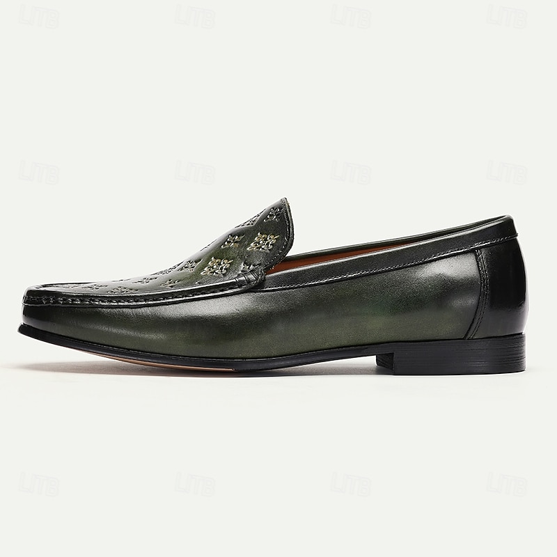 Men's Green Embossed Leather Loafers with Patterned Design for Business and Casual Wear in Classic Style3