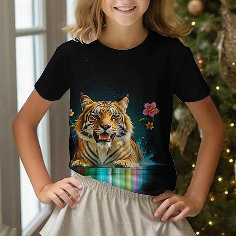 Girls' 3D Graphic Animal Tiger Tee Short Sleeve Summer Spring Fashion Basic Kids 4-12 Years Crew Neck Outdoor Casual Daily Regular Fit