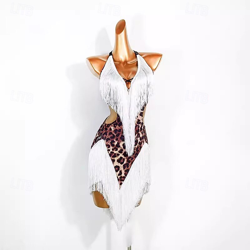 Latin Dance Dress Printing Tassel Splicing Women's Performance Training Sleeveless Crystal Cotton3