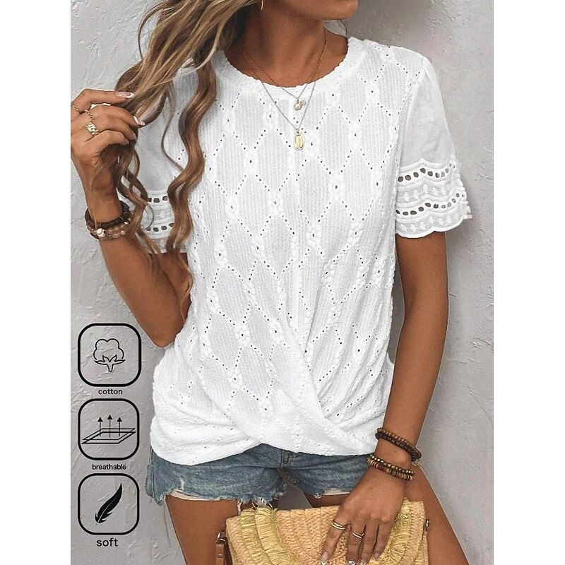 Women's Blouse Elegant Modern Solid Color Eyelet Short Sleeve Crew Neck Daily White Summer