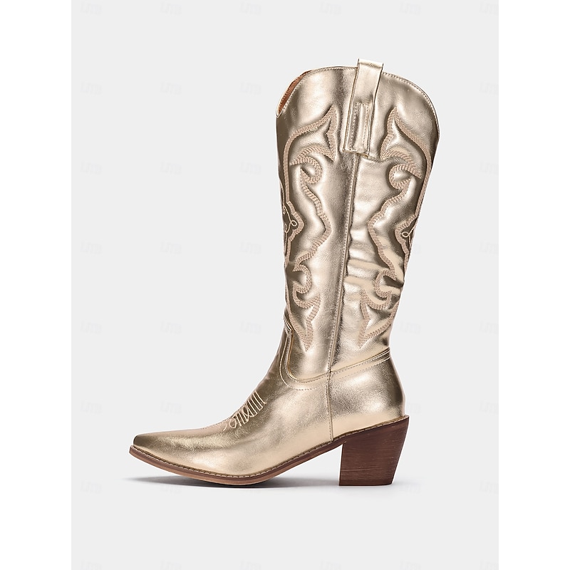 Women's Metallic Gold Western Cowboy Boots with Embroidered Details for Fashion and Casual Wear