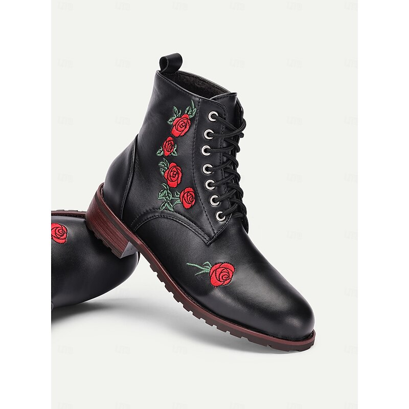 Women's Rose Embroidered Black Ankle Boots - Fashionable and Comfortable Footwear for Everyday Wear, Parties, and Outdoor Activities3