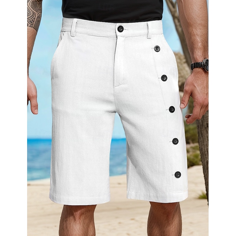 Men's Shorts Linen Shorts Summer Shorts Pocket Side Button Straight Leg Solid Color Comfort Breathable Knee Length Casual Daily Vacation Fashion White Green Inelastic
