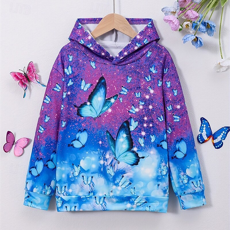 Girls' 3D Graphic Butterfly Hoodie Long Sleeve Fall Winter Fashion Adorable Basic Kids 4-12 Years Hooded Outdoor Casual Daily Regular Fit