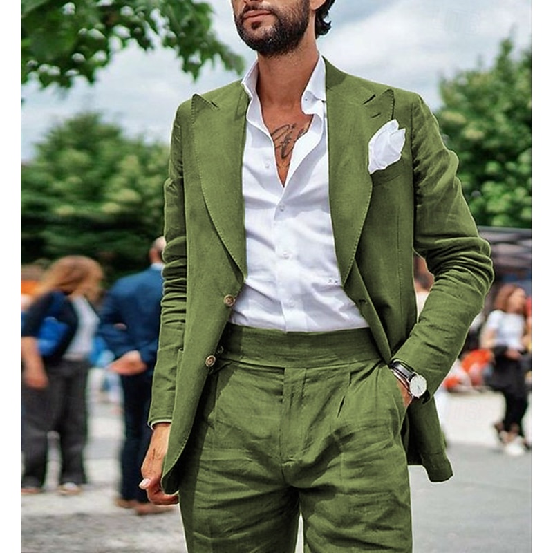 Men's Wedding Beach Linen Suits Peak Black Sky Blue Solid Colored Tailored Fit 2 Piece Single Breasted Two-buttons