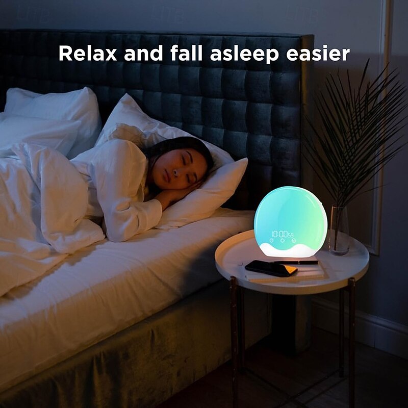 LED Smart Light Sunrise Alarm Clock Wake Up Light for Heavy Sleepers, with 12 Colour Led Night Light, 5 Sets of Nature Sounds and Fm Radio, A Smart Sleep Trainer3