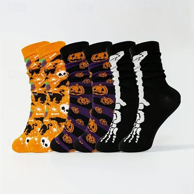 5 Pairs Halloween Skull & Pumpkin Cartoon Print Casual Socks – Sweat-Absorbent Fall & Winter Floor Socks for Men and Women, Casual Socks Set2