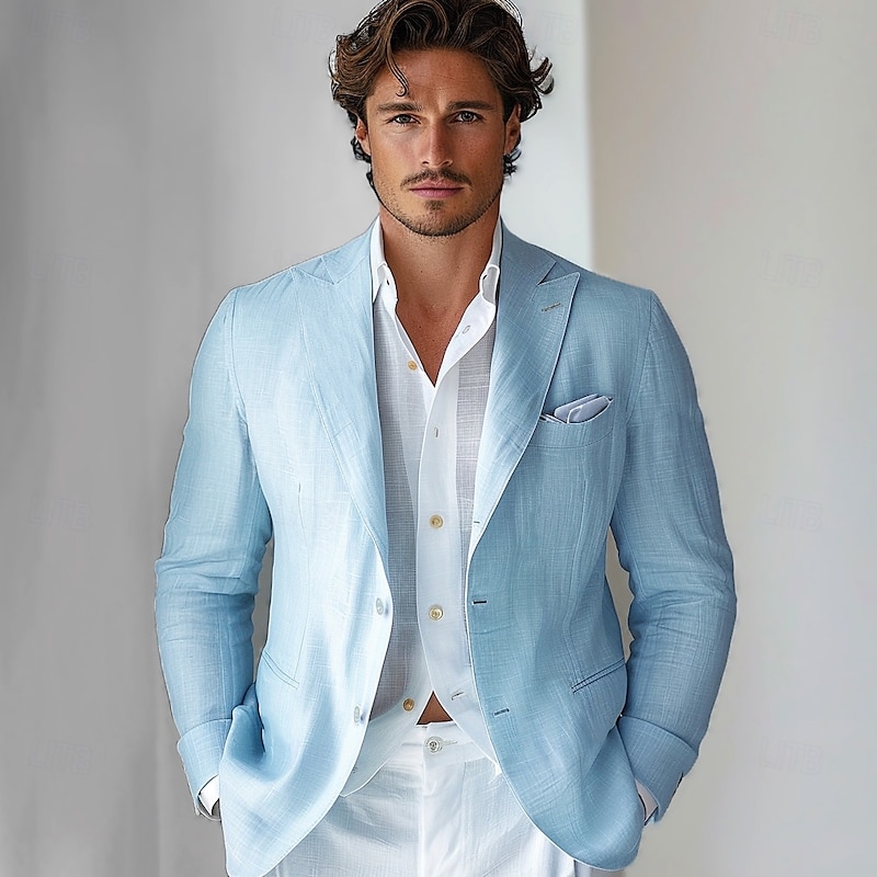 Men's 100% Linen Suits Outdoor Pocket Spring &  Fall  Solid Color Button Pocket Single Breasted Blazer White2