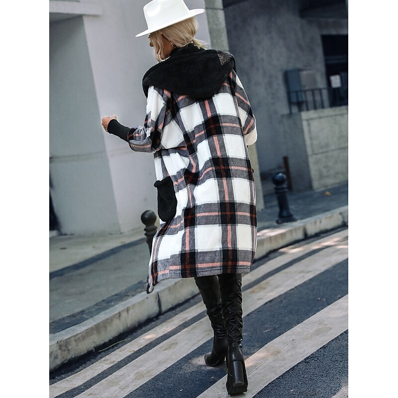 Women's Teddy Coat Coat Warm Pocket Fashion Casual Plaid Work Street Single Breasted Lapel Loose Fit Long Sleeve Outerwear Black Fall Winter2