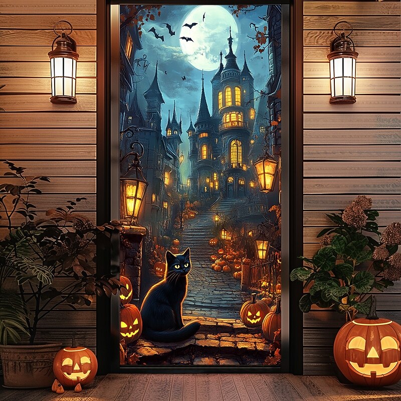 Halloween Door Decorations Halloween Door Covers Jack O Lantern Door Tapestry Pumpkin Crow Door Curtain Decoration Backdrop Door Banner for Front Door Farmhouse Holiday Party Decor Supplies 8