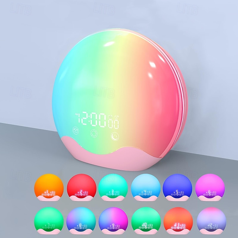 LED Smart Light Sunrise Alarm Clock Wake Up Light for Heavy Sleepers, with 12 Colour Led Night Light, 5 Sets of Nature Sounds and Fm Radio, A Smart Sleep Trainer