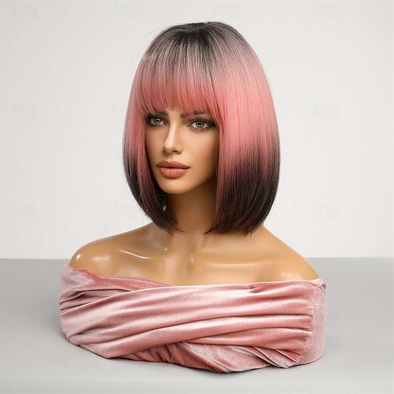 Synthetic Wig Uniforms Career Costumes Princess Straight kinky Straight Middle Part Layered Haircut Machine Made Wig 14 inch Black / Pink Synthetic Hair Women's Cosplay Party Fashion Pink2