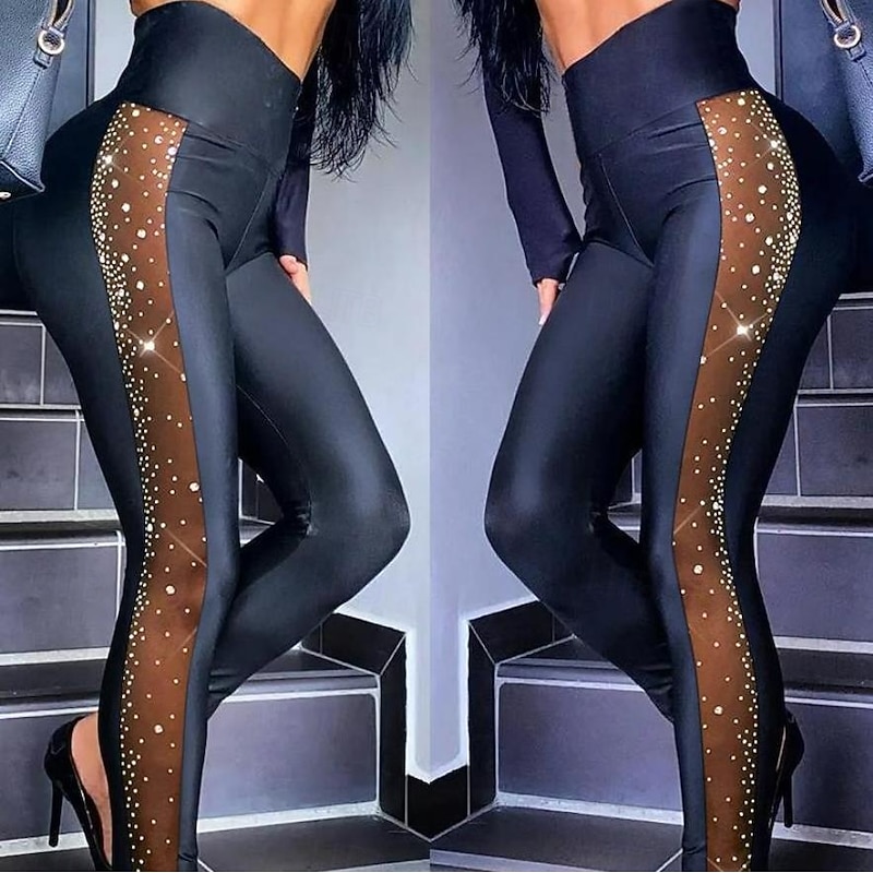 Women's Normal Tights Cozy Leggings Fashion Stylish Full Length High Rise Plain Sequins Mesh Micro-elastic Street Casual Daily Black Summer Spring Fall Winter Slim2