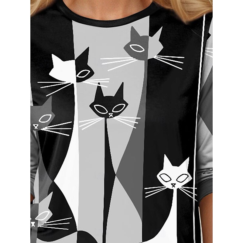 Women's T shirt Long Sleeve Crew Neck Long Sleeve Tunic Casual Ombre Cat Print Regular Tops Daily Black Spring Fall Prefall3