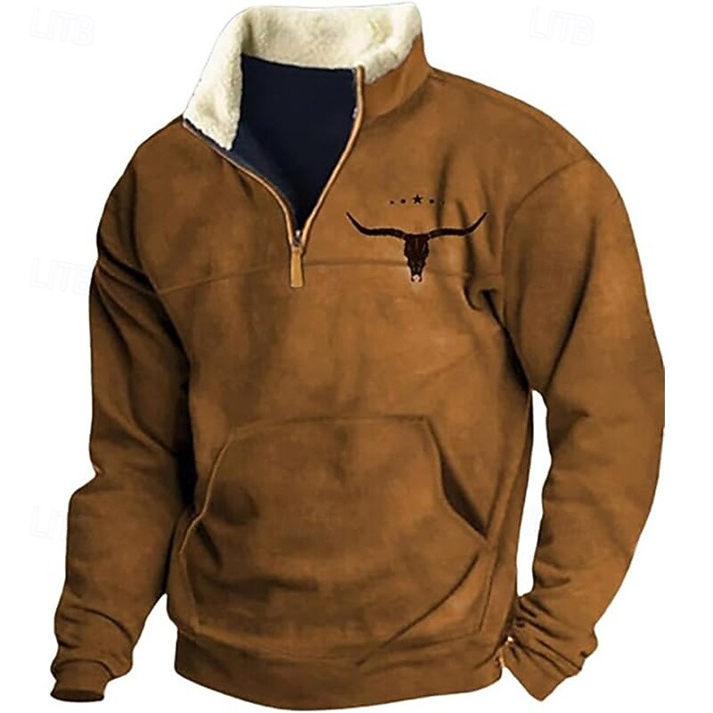 Men's Sweatshirt Quarter Zip Sweatshirt Navy Blue Brown Khaki Half Zip Cow Pocket Sports & Outdoor Daily Holiday Polyester Vintage Casual Thin fleece Fall & Winter Clothing Apparel Hoodies
